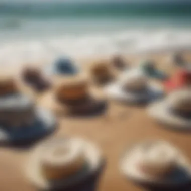 Selection of different types of sun hats for surfers