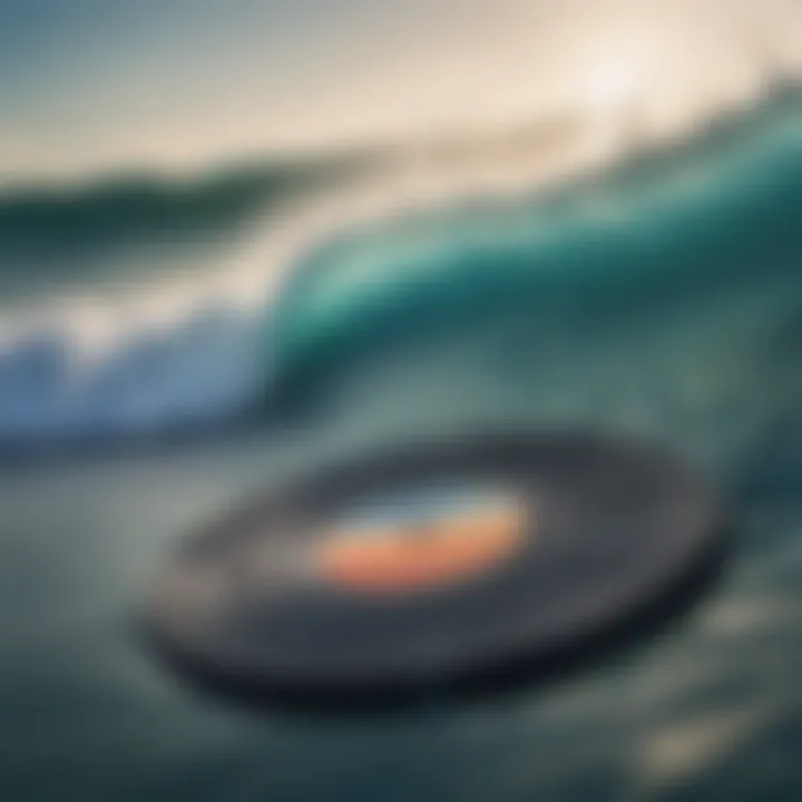 A close-up of a spinning vinyl record with ocean waves in the background