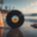 Vinyl records displayed against a backdrop of surfboards