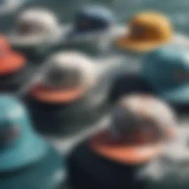 A close-up of various baseball cap designs that reflect surfing culture