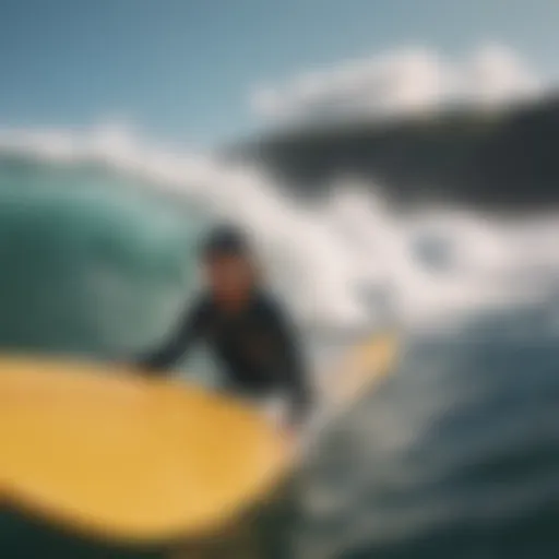 A vibrant surfing scene depicting surfers riding waves while wearing stylish baseball caps