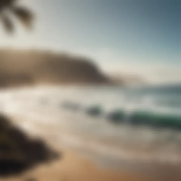 A serene beach scene with surfers in the distance