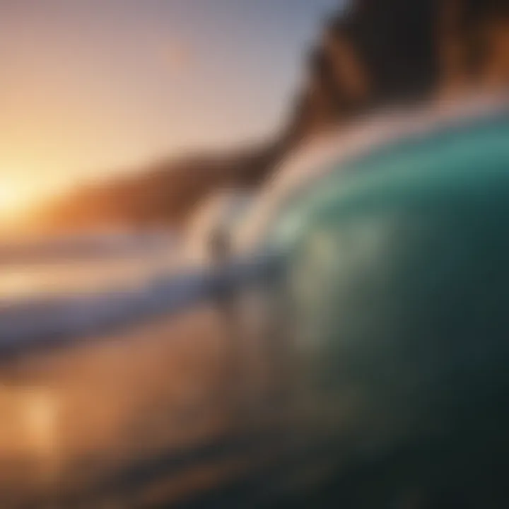 Surfers riding colossal waves during sunset