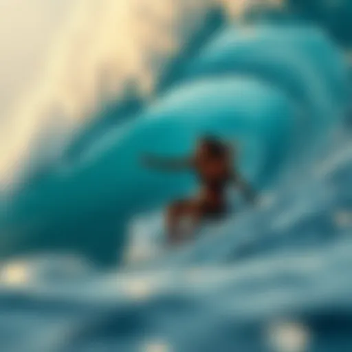 Embracing the Ocean's Power A female surfer riding a majestic wave