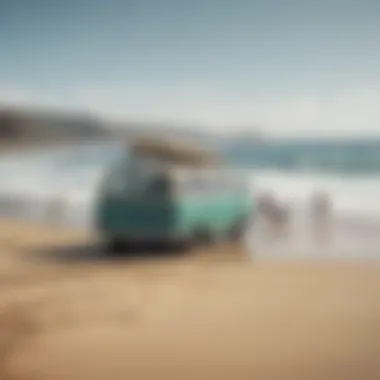 Group of surfers enjoying a day at the beach with a van