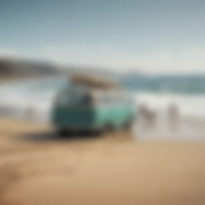 Group of surfers enjoying a day at the beach with a van