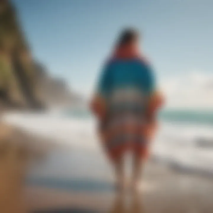 A traveler wearing a surf robe poncho while exploring a scenic outdoor landscape