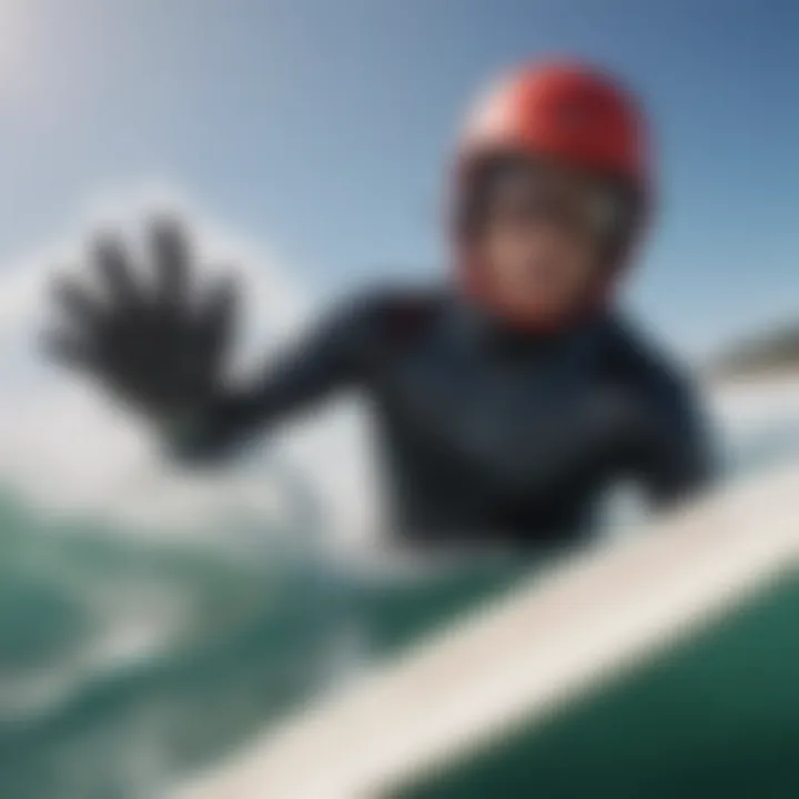 Visual representation of surfboarding gear and hand protection