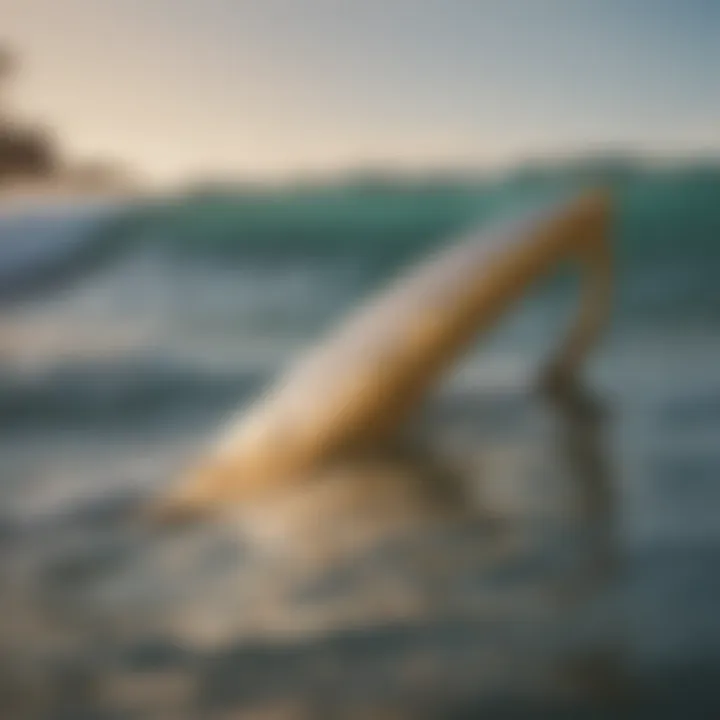 Side view of a surfboard with FCS fins installed