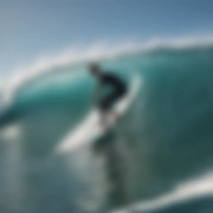 Surfer riding a wave with an ocean conditions app visible on their smartphone