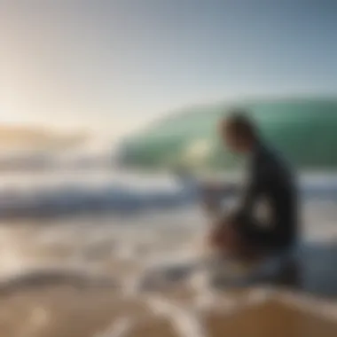 Beach setting with surfers checking tide forecasts on their devices