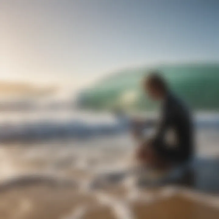 Beach setting with surfers checking tide forecasts on their devices