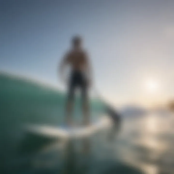 Demonstration of proper paddle boarding technique on calm waters