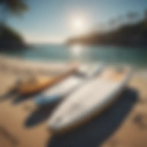 A variety of paddle boards displayed on the shore