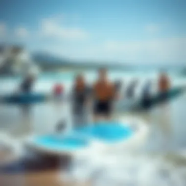 E-Wave Board in Recreational Use A diverse group of surfers enjoying the e-wave board at a popular beach