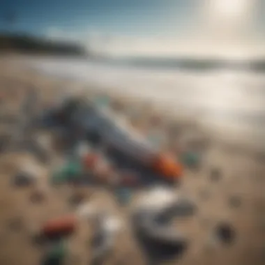 A polluted beach littered with plastic waste.