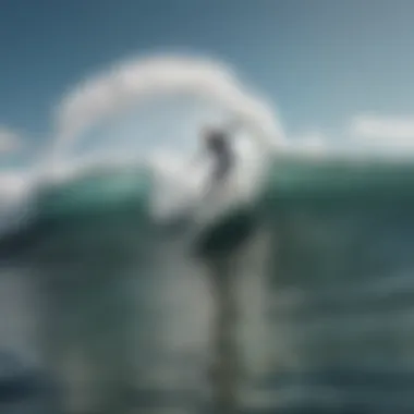 Surfboard riding a wave with wind patterns visible