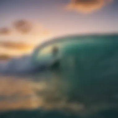 Surfer riding a wave at Vaadhoo Island during sunset.