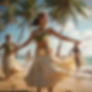 An artistic depiction of traditional Hawaiian culture in a vintage travel poster featuring hula dancers.