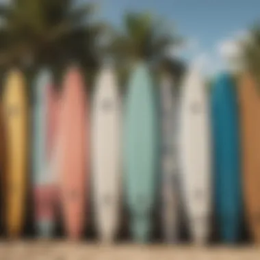 Various surfboards lined up for rent on a sunny day