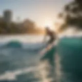 A vibrant view of surfers catching waves at Waikiki Beach