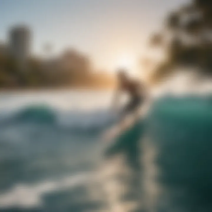 A vibrant view of surfers catching waves at Waikiki Beach