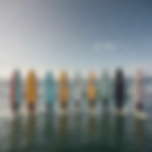 Diverse lineup of wake surf boards showcasing various designs and colors