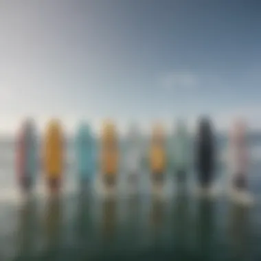 Diverse Lineup of Wake Surf Boards Diverse lineup of wake surf boards showcasing various designs and colors