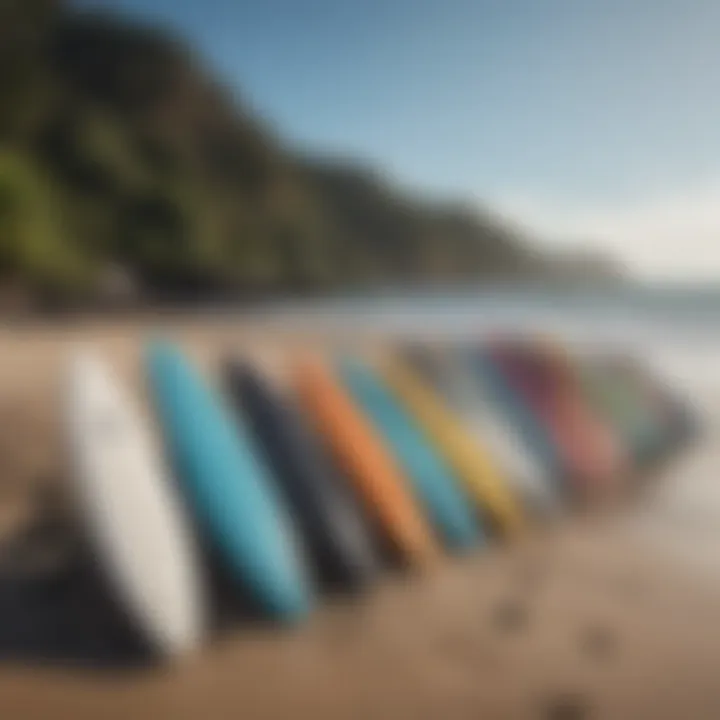 An array of Wave Bandit surfboards in different colors and sizes lined up on the beach