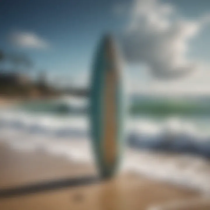 Wavestorm surfboard on the beach with waves in the background