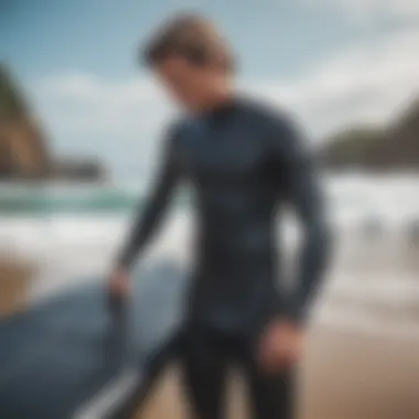 Surfboard enthusiast inspecting a wetsuit for damage