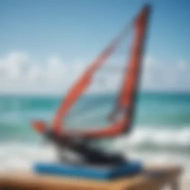 Close-up of wind surfing equipment set against a backdrop of clear blue water.