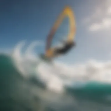 A skilled wind surfer performing a jump over the waves with Miami Beach in the background.