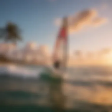 A vibrant sunset overlooking the Miami Beach coastline with wind surfers in action.