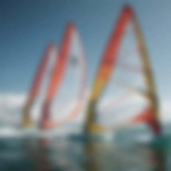 Close-up view of windsurfing sails showcasing various designs.