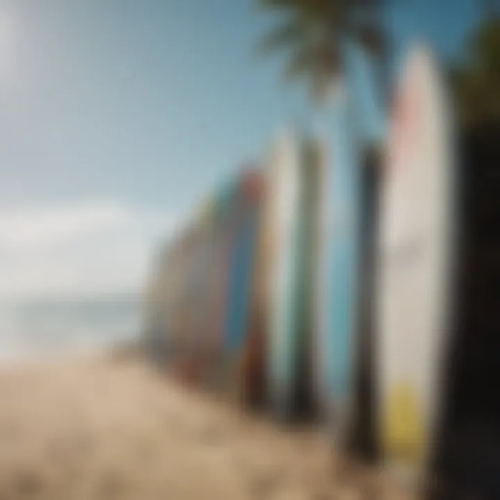 A selection of windsurfing boards lined up on the beach.