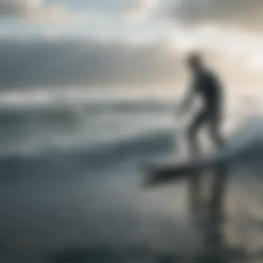 Surfer navigating cold waters wearing a snug-fitting wetsuit, illustrating functionality and style